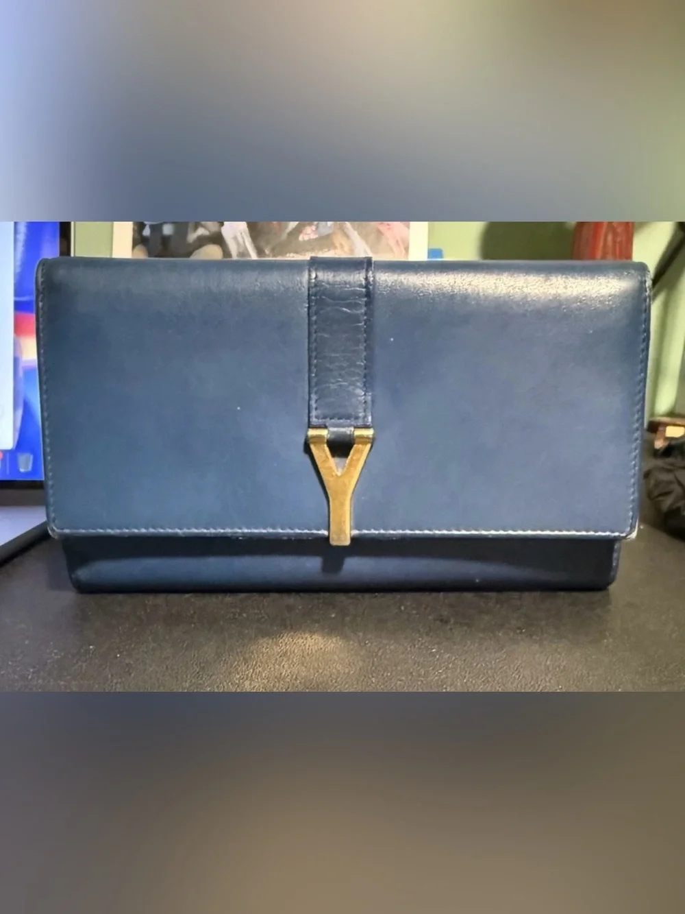 Saint Laurent YSL Classic Y Line Blue Leather Long Zip Wallet
